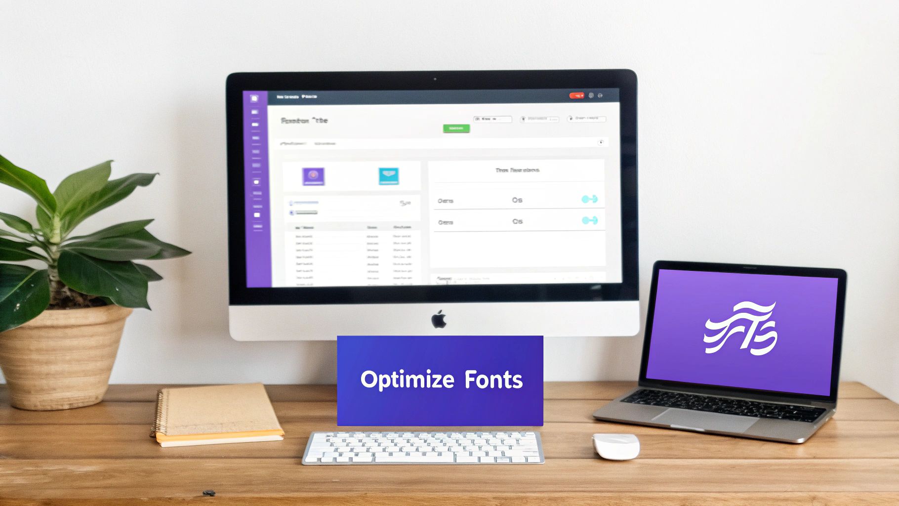A clean workspace with an iMac, laptop, and a sign saying 'Optimize Fonts' on a wooden desk.