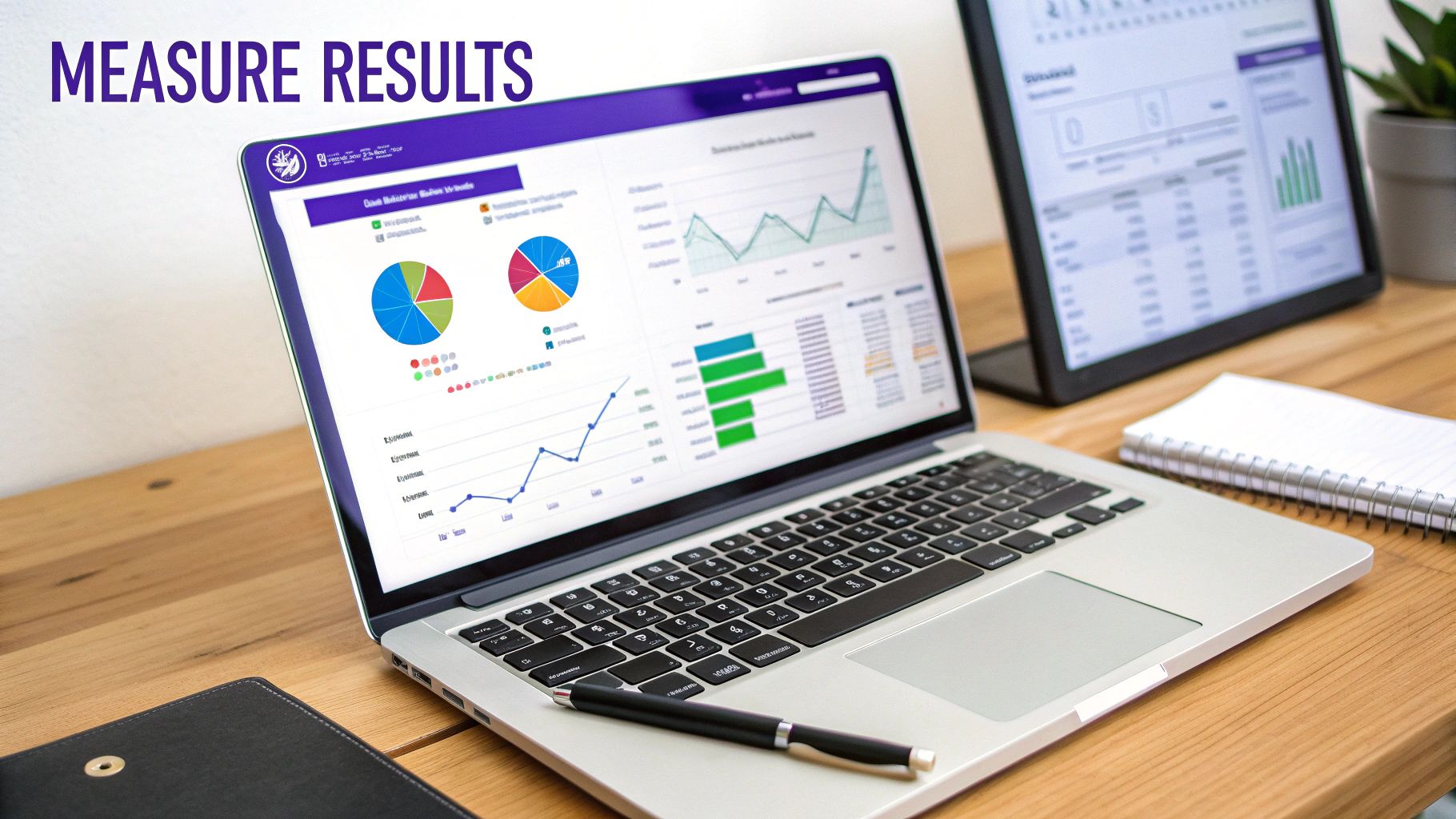 A laptop on a wooden desk displays charts and graphs, with a pen and notebook nearby, highlighting 'Measure Results'.