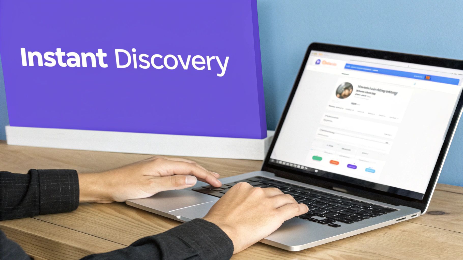 A person types on a silver laptop next to a purple sign that reads 'Instant Discovery'.