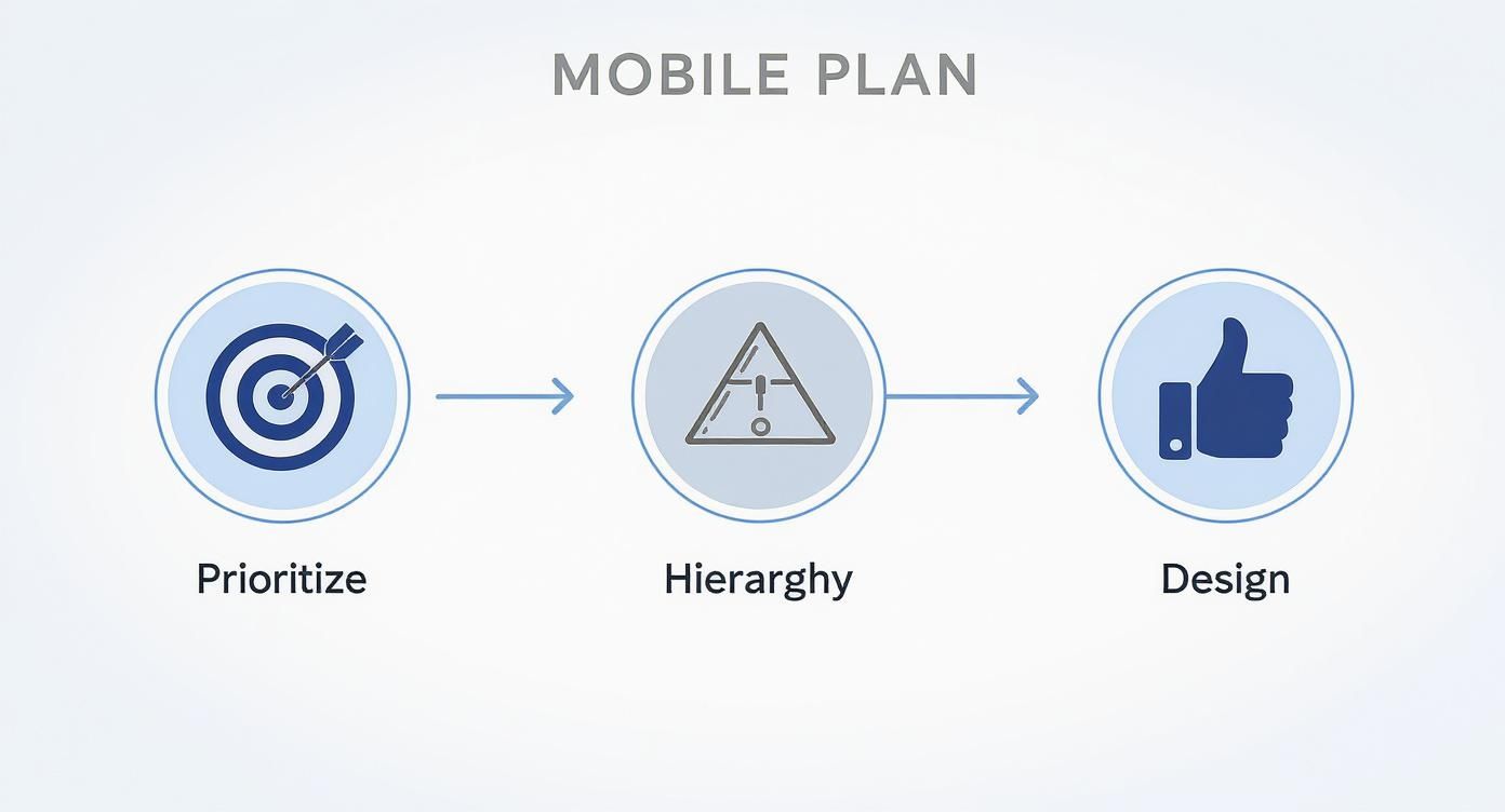 A diagram outlining a mobile plan with three steps: Prioritize, Hierarchy, and Design, each with an icon.