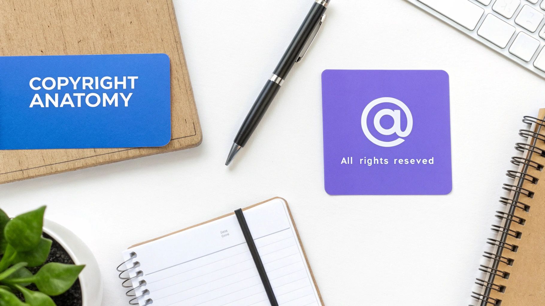 Desk flat lay with cards stating 'COPYRIGHT ANATOMY' and 'All rights reseved', next to notebooks and a pen.