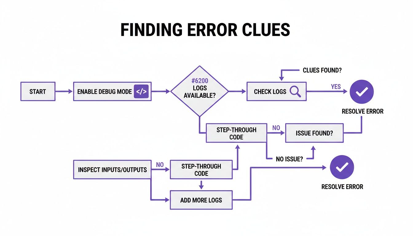 A flowchart illustrating the process of finding error clues and resolving errors through debugging.