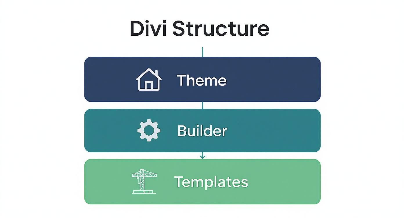 A diagram illustrating the Divi structure with Theme, Builder, and Templates components.