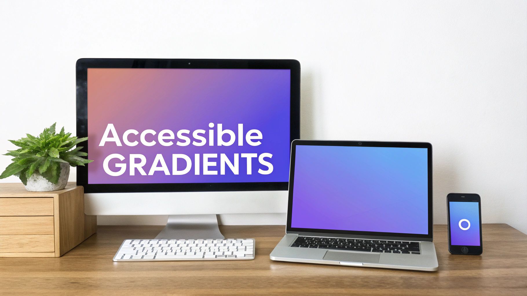 Modern workspace setup with desktop, laptop, and smartphone displaying vibrant pastel gradient backgrounds.