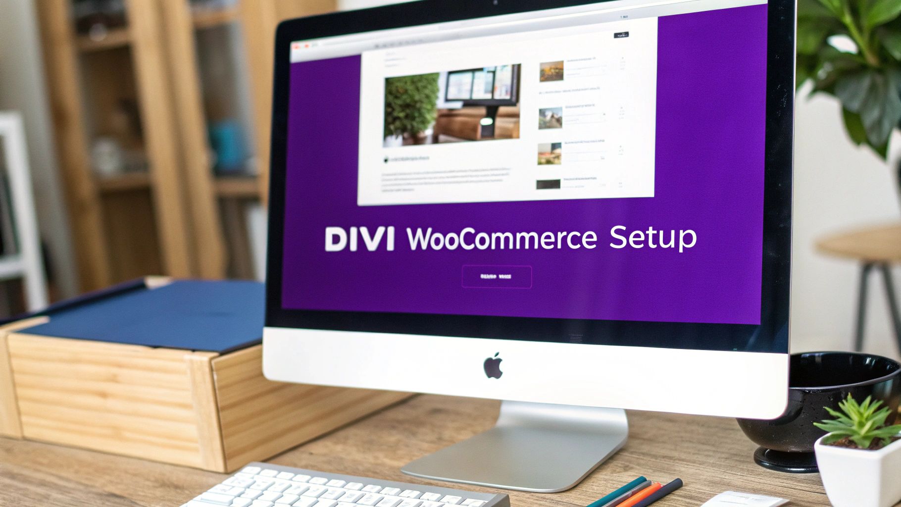 An Apple iMac on a wooden desk, displaying a website with 'DIVI WooCommerce Setup' text.