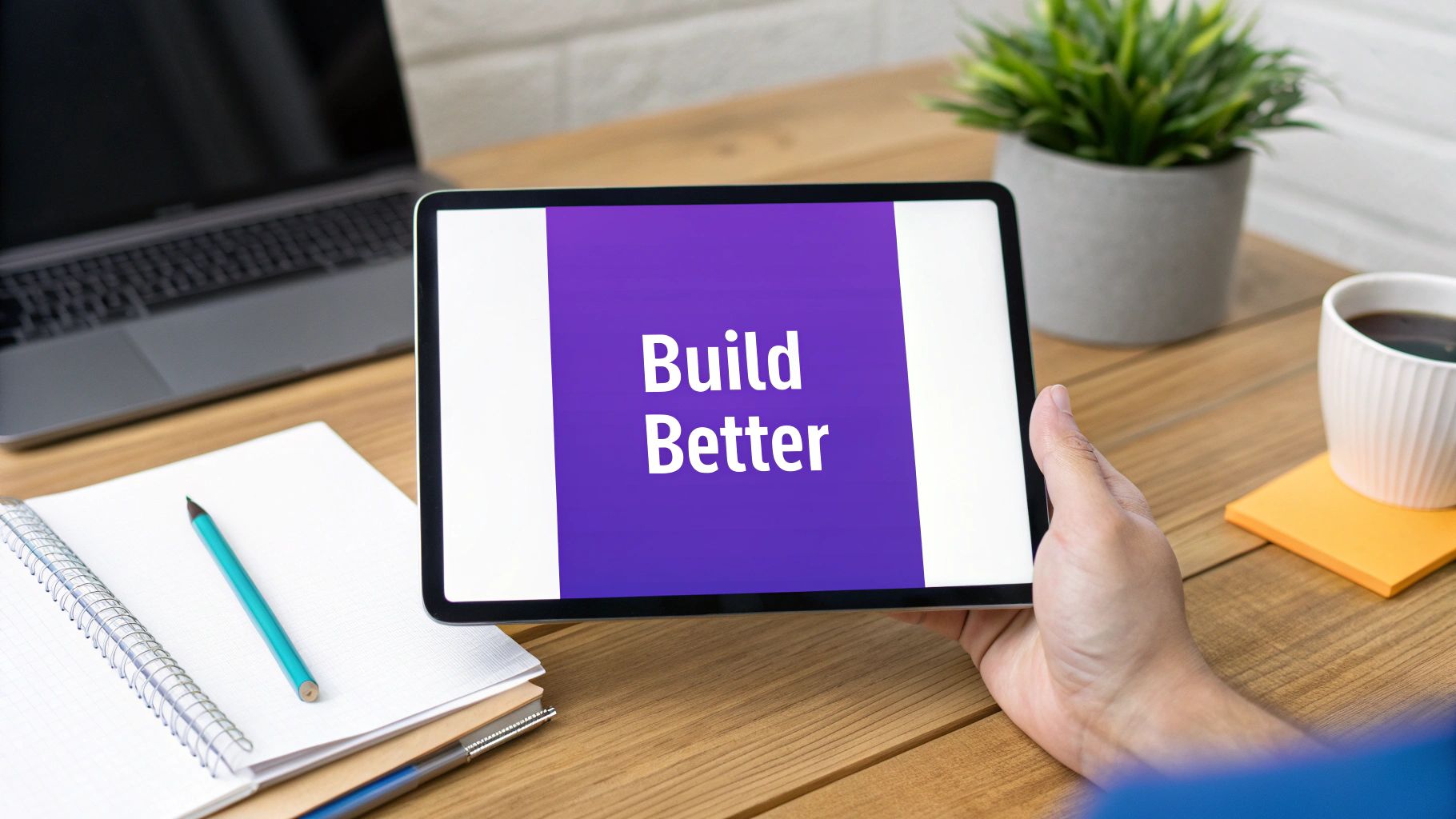 A hand holds a tablet displaying 'Build Better' on a wooden desk with a laptop and coffee.