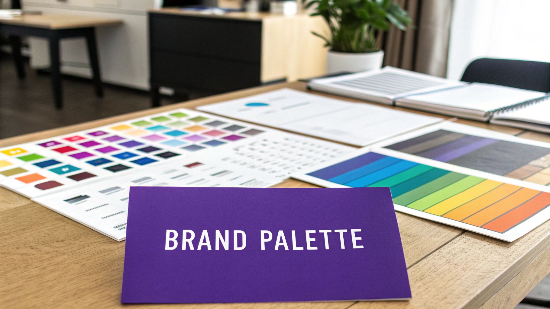 A table displays various color swatches, gradient palettes, and a 'BRAND PALETTE' card for design work.