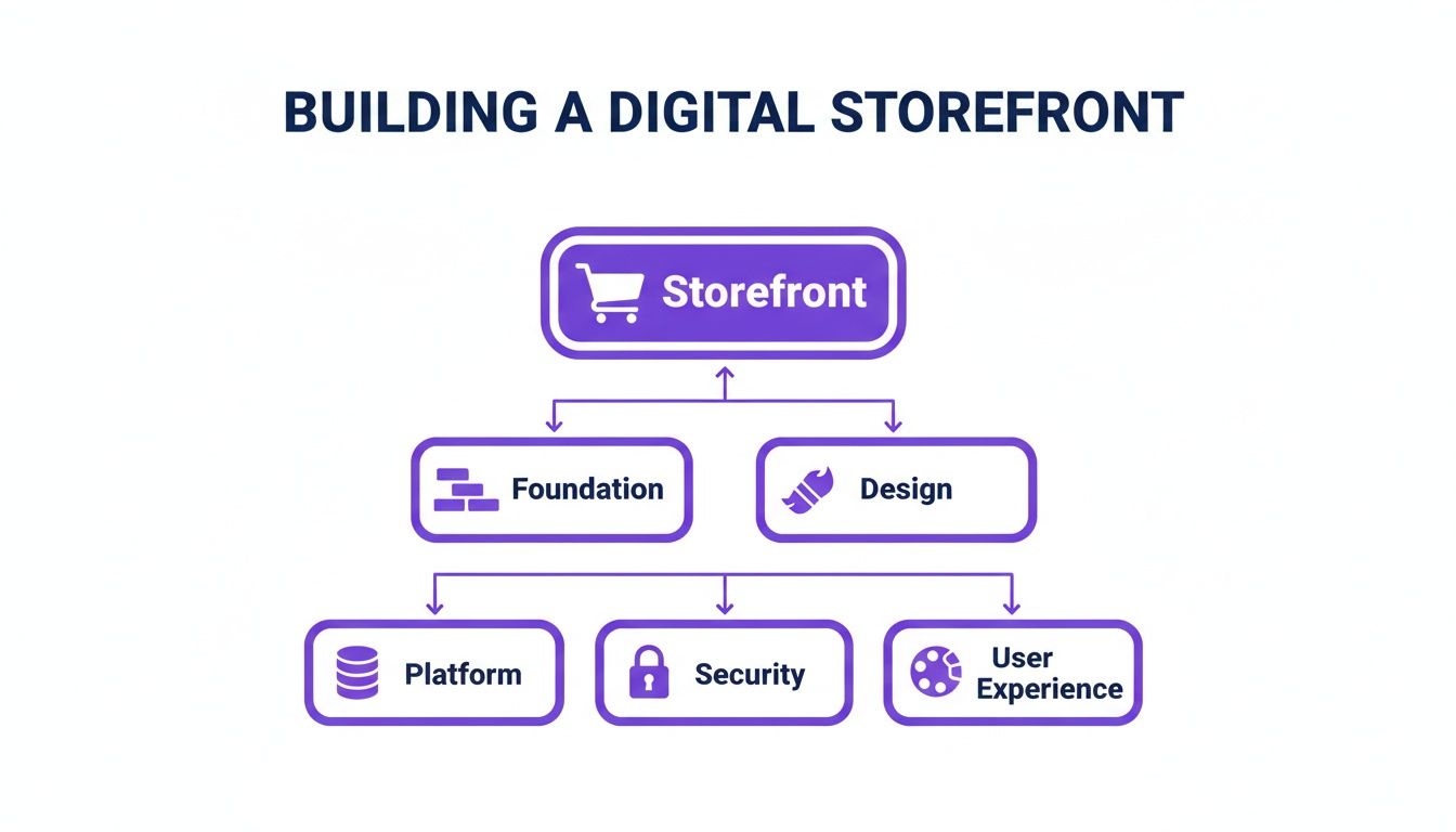 Diagram illustrating the key components for building a digital storefront, including foundation, design, platform, security, and user experience.