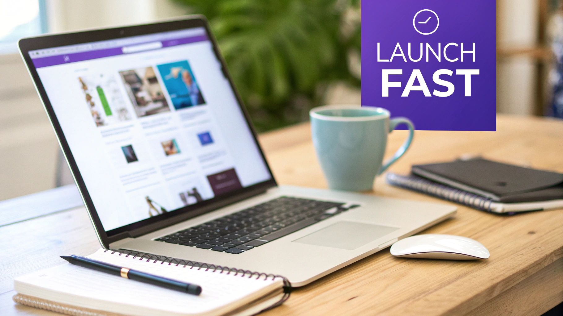 A modern laptop displaying website content on a wooden desk with a coffee mug, notebooks, and a 'LAUNCH FAST' sign.