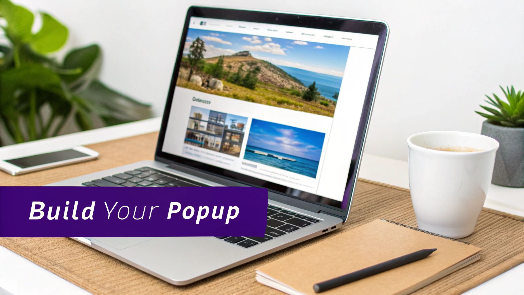 A laptop displaying a website, next to a coffee cup, notebook, and smartphone. Purple text: Build Your Popup.