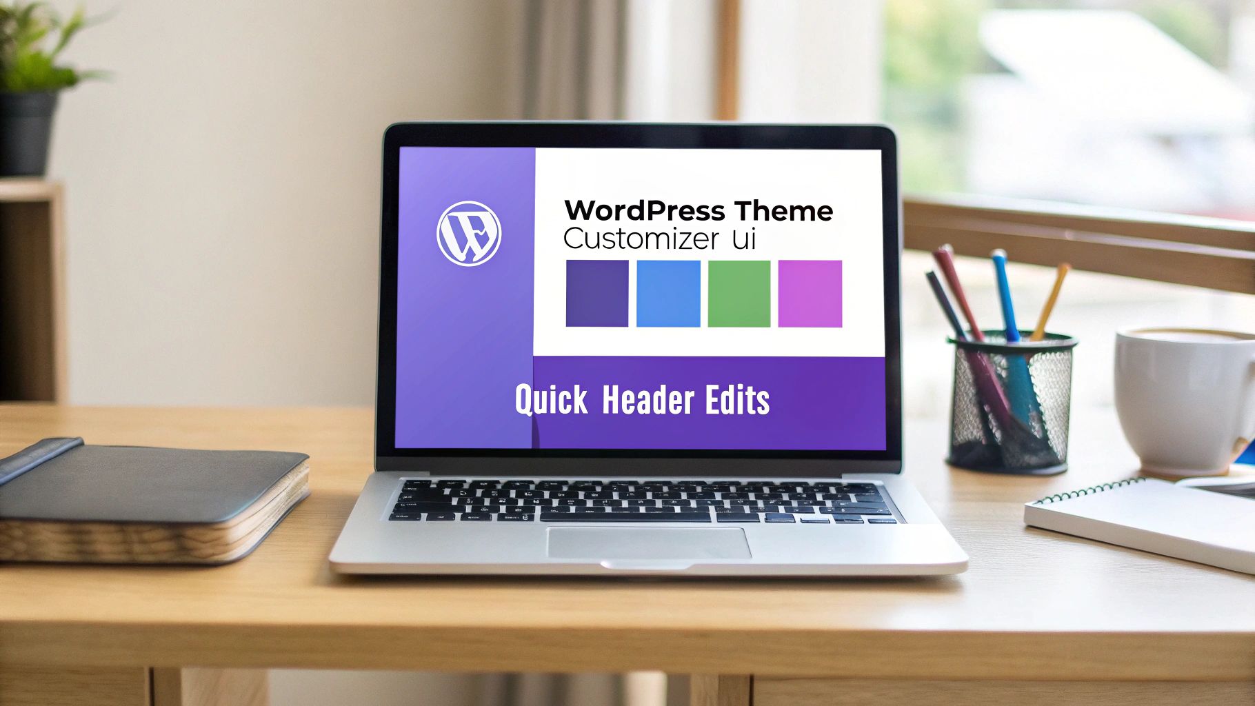 A laptop displays WordPress theme customizer UI for quick header edits on a wooden desk with office supplies.