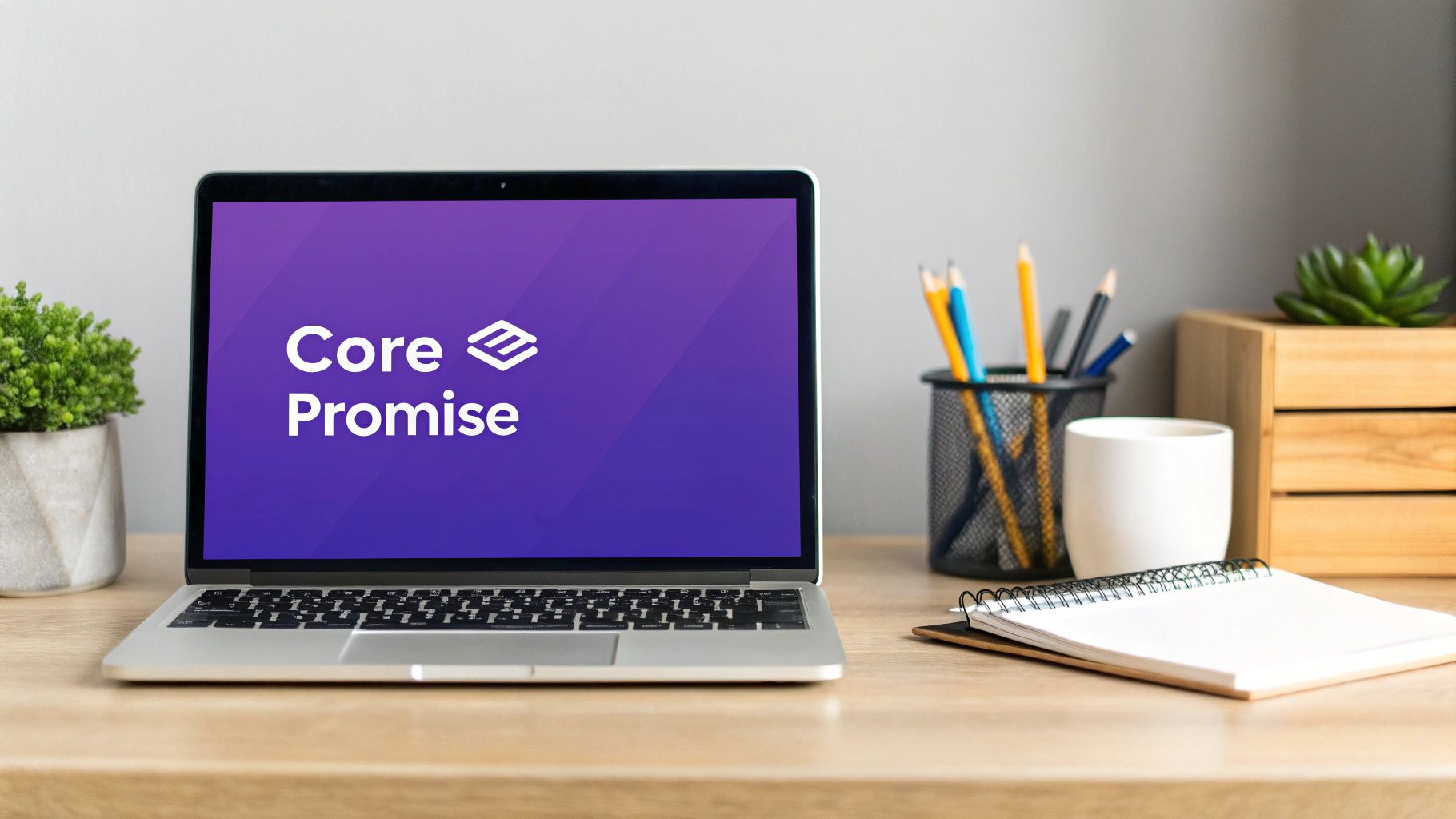A silver laptop on a wooden desk displays 'Core Promise' logo, alongside a plant, pencils, and a notebook.