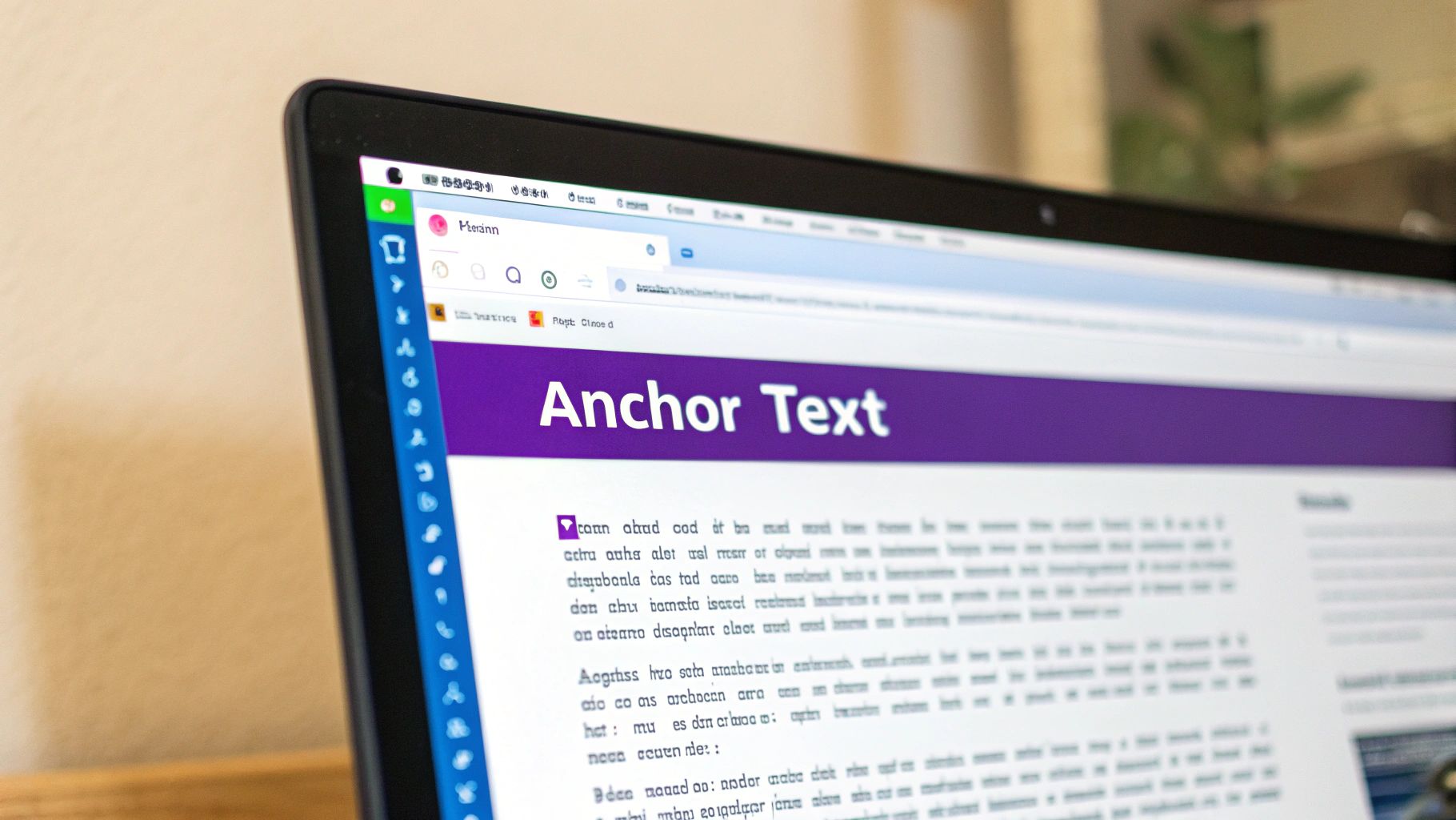 Close-up of a laptop screen displaying a web page titled 'Anchor Text' in large purple letters.