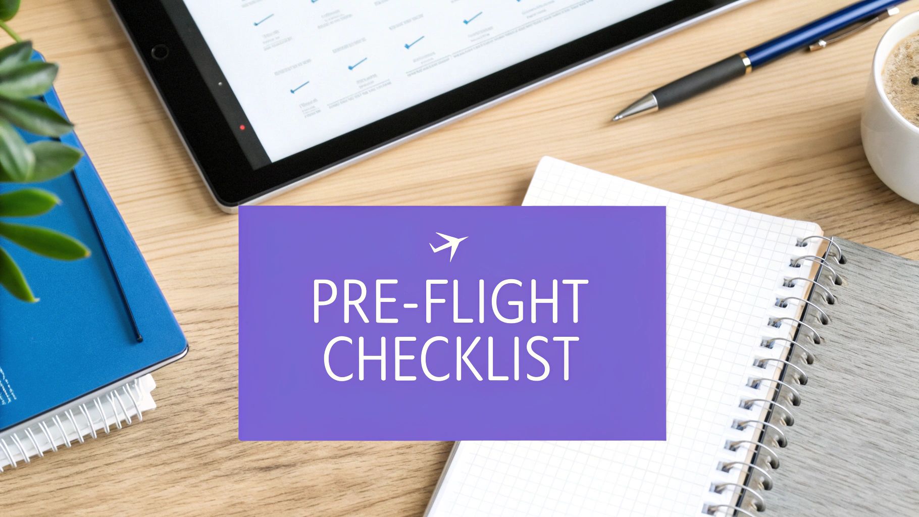 Desk flat lay with a tablet, pen, coffee, notebooks, and a 'Pre-Flight Checklist' overlay.