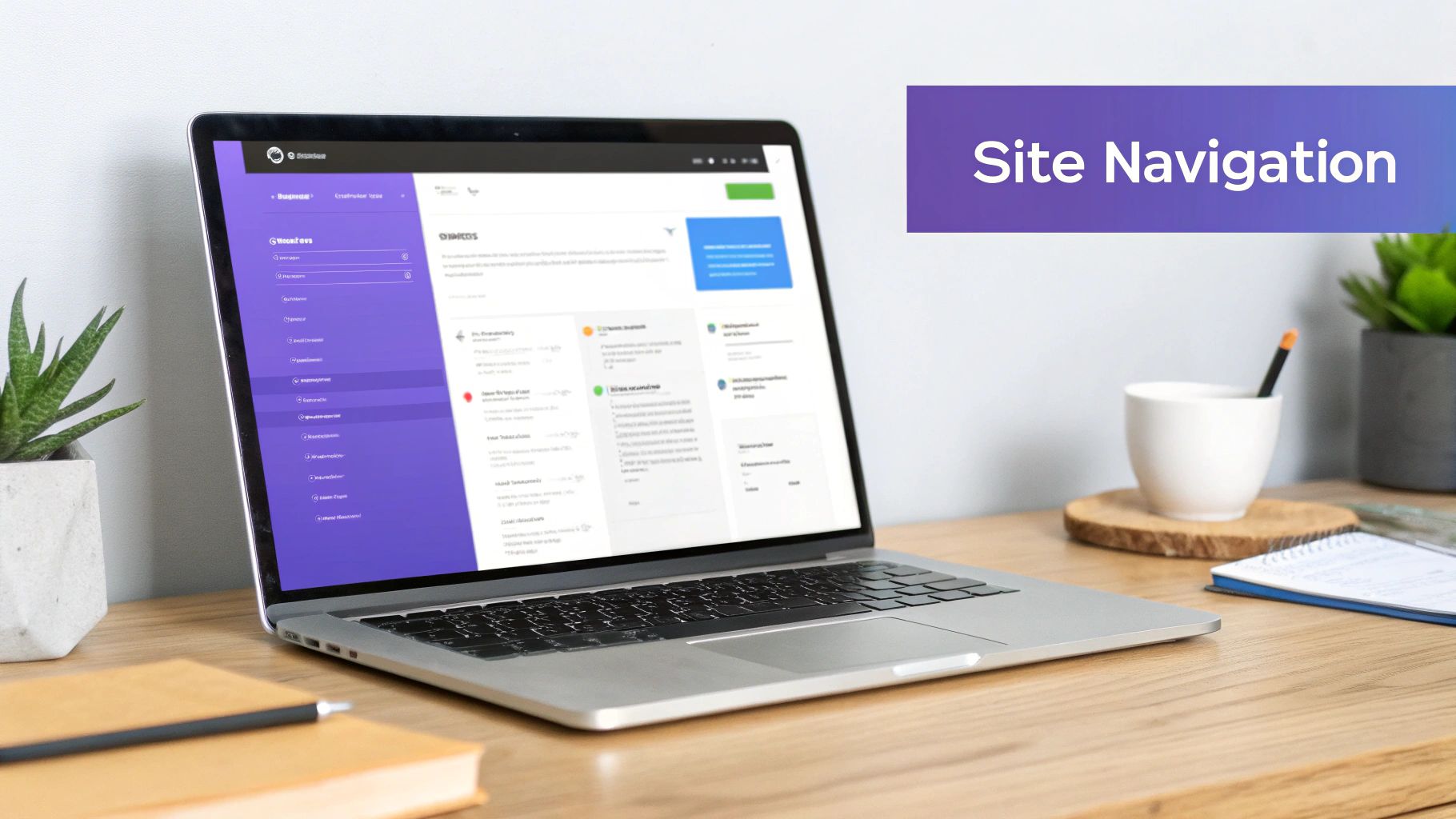 Laptop displaying a web application with a purple sidebar navigation on a wooden desk.