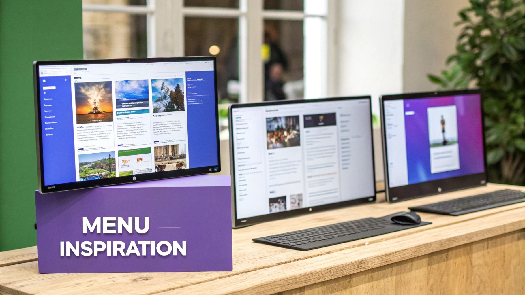 Three computer monitors on a wooden desk displaying diverse website content and menu designs, with a 'MENU INSPIRATION' sign in the foreground.