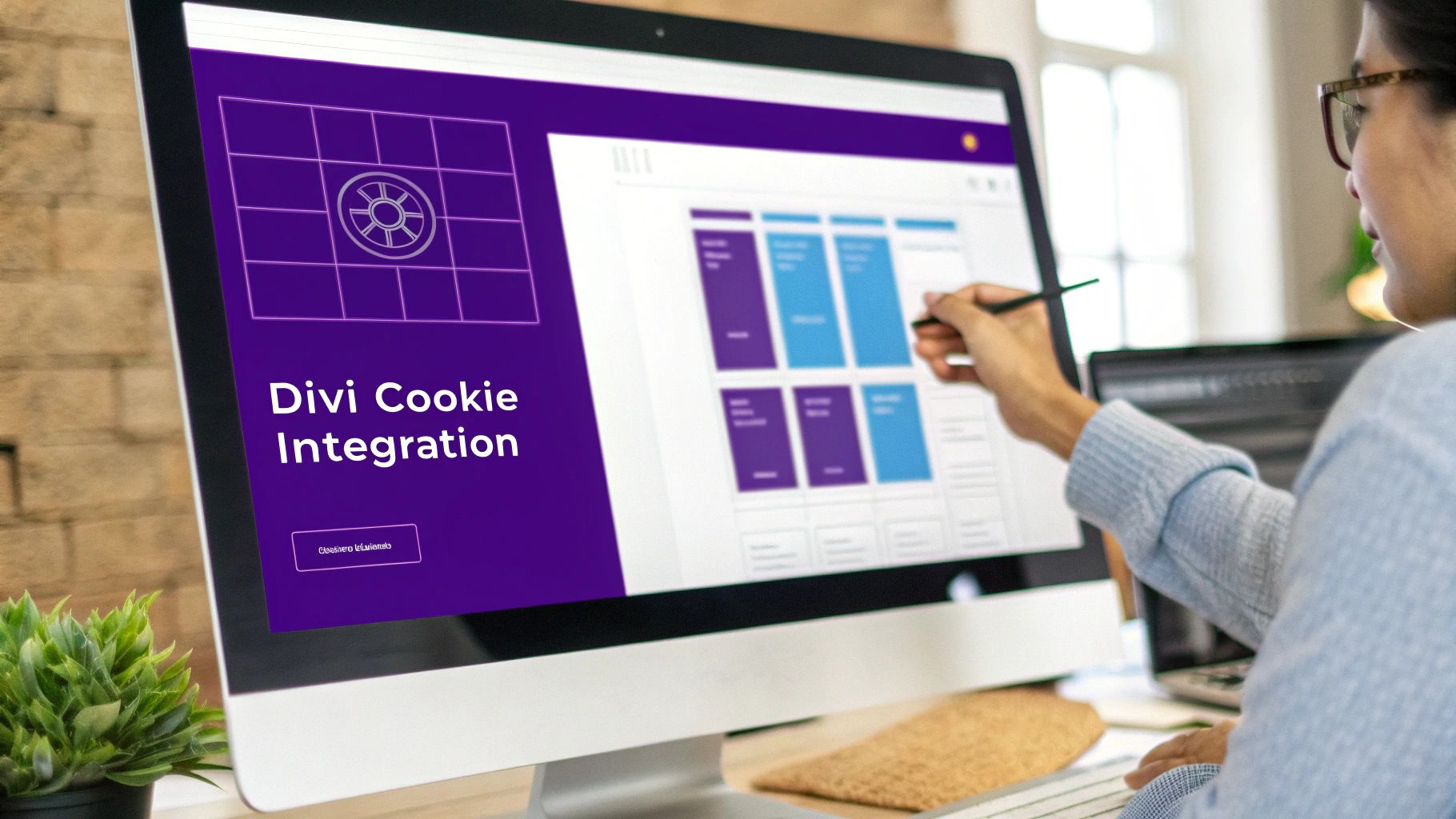A person points at a computer screen displaying 'Divi Cookie Integration' with a stylus.