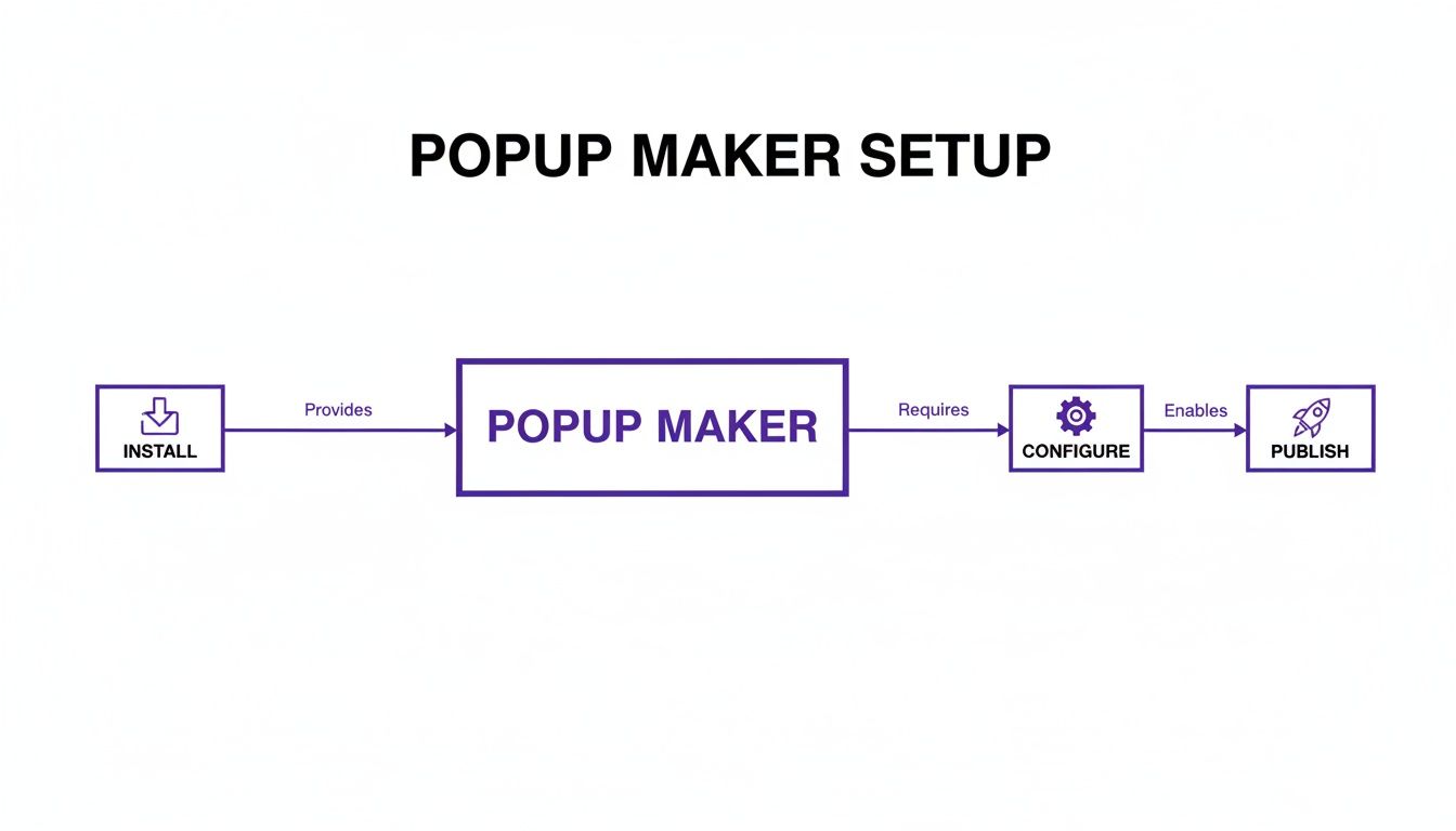 Flowchart illustrating the Popup Maker setup process, showing install, provides, configure, and publish steps.