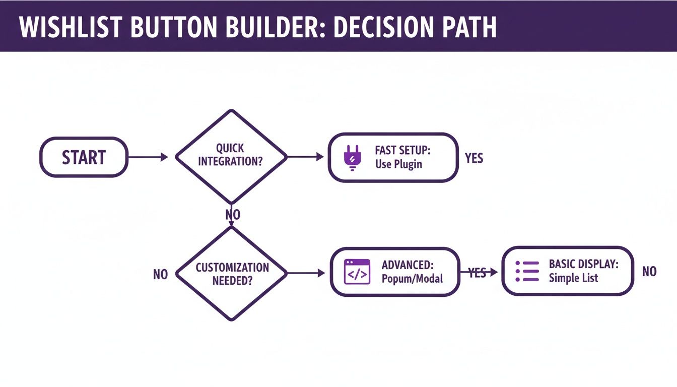 A flowchart illustrating the decision path for building a wishlist button, offering quick integration or advanced customization options.