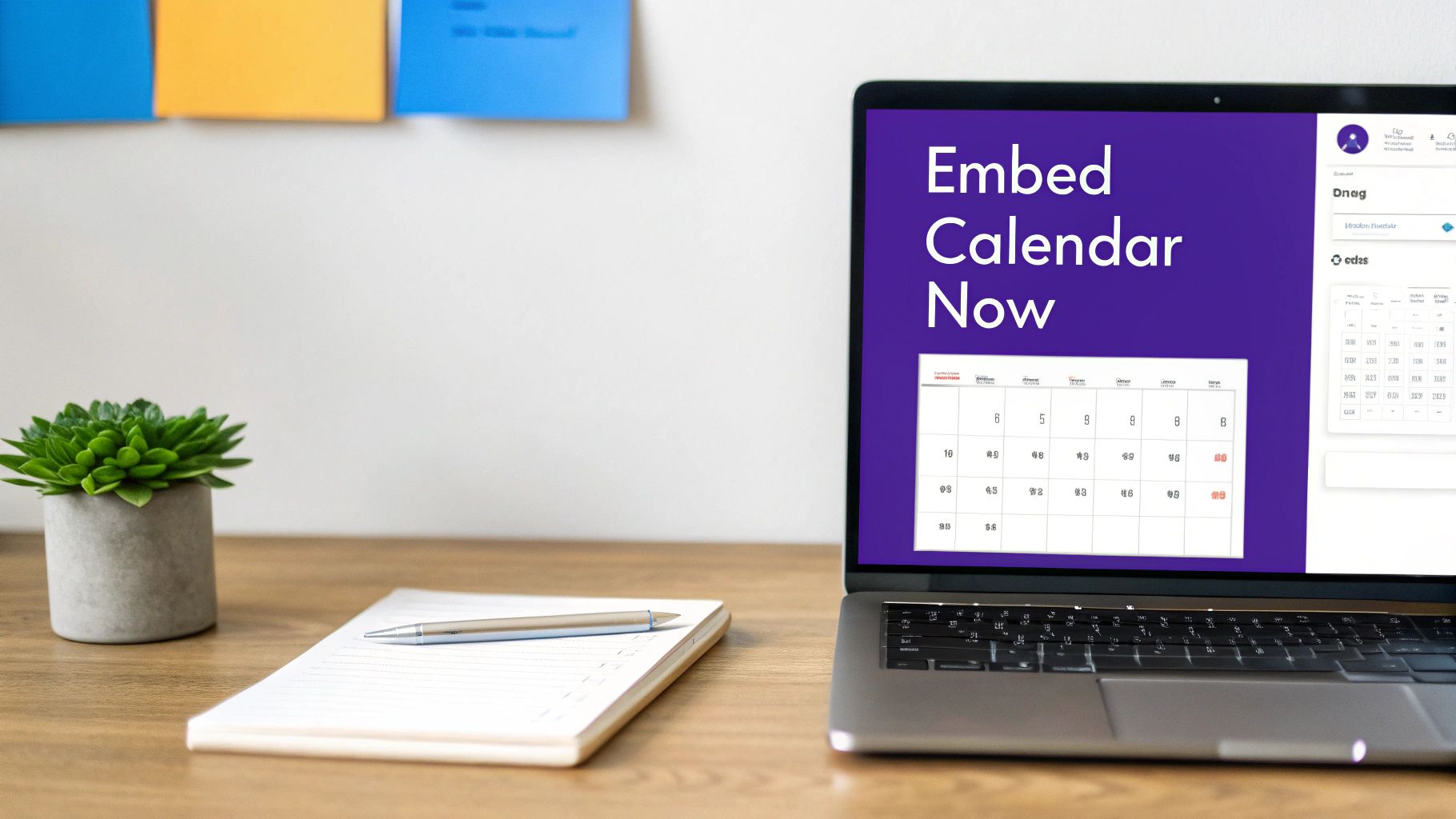 A laptop on a wooden desk displays a digital calendar with 'Embed Calendar Now' text.
