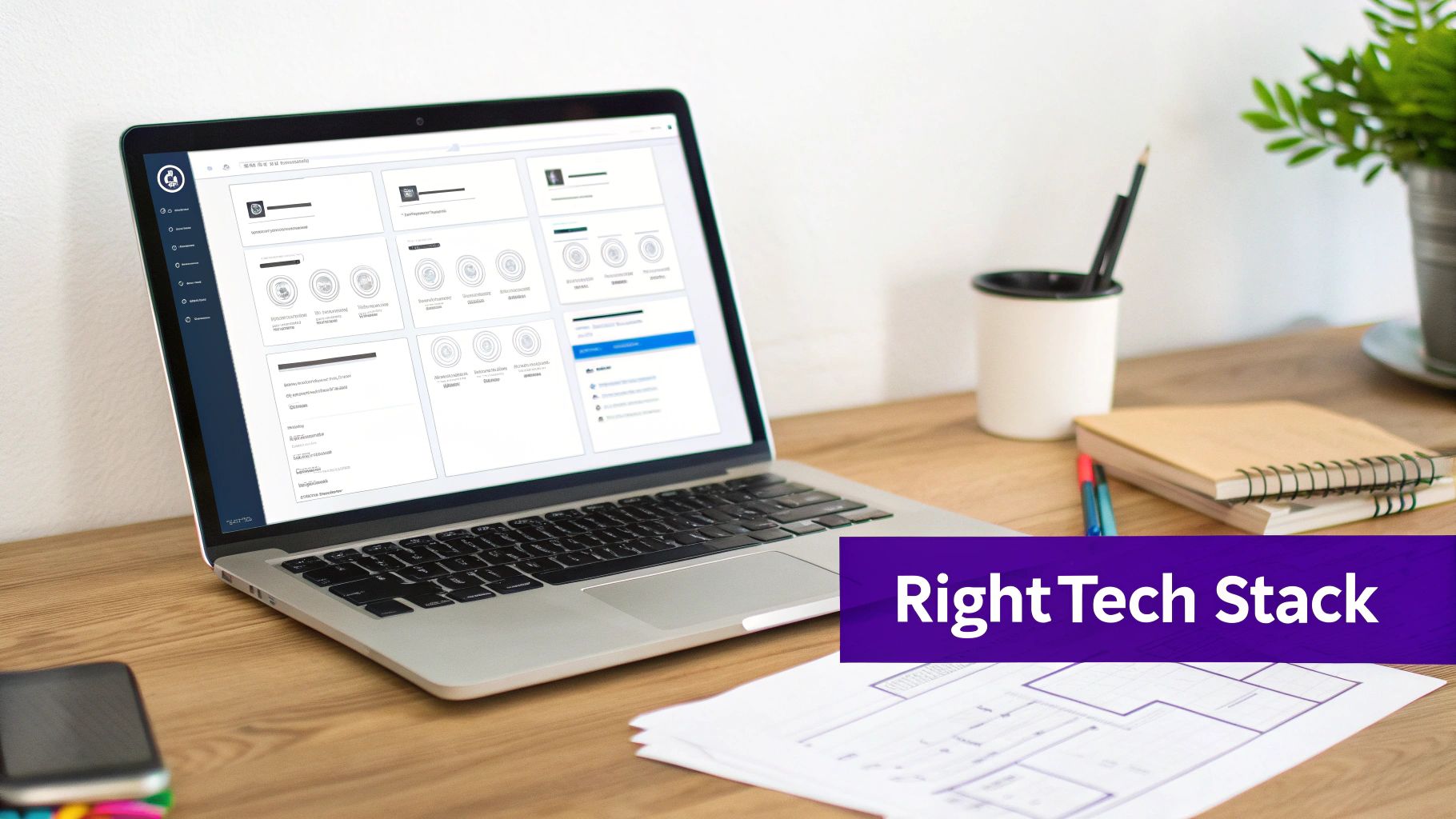 A person working on a laptop with design elements and code symbols floating around, representing website technology choices.