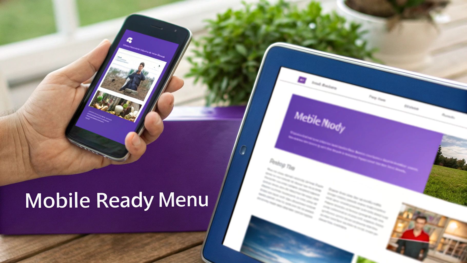 Hand holding smartphone displaying mobile-responsive menu next to tablet showing purple website design