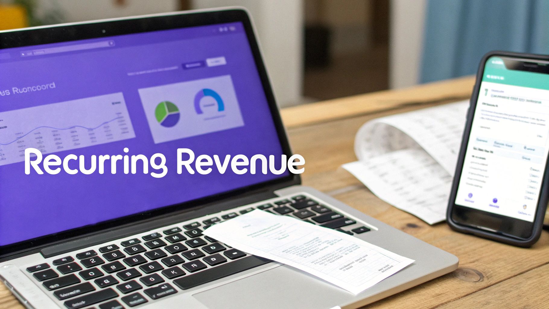 Laptop displaying 'Recurring Revenue' text and financial charts, with a receipt and smartphone on a desk.