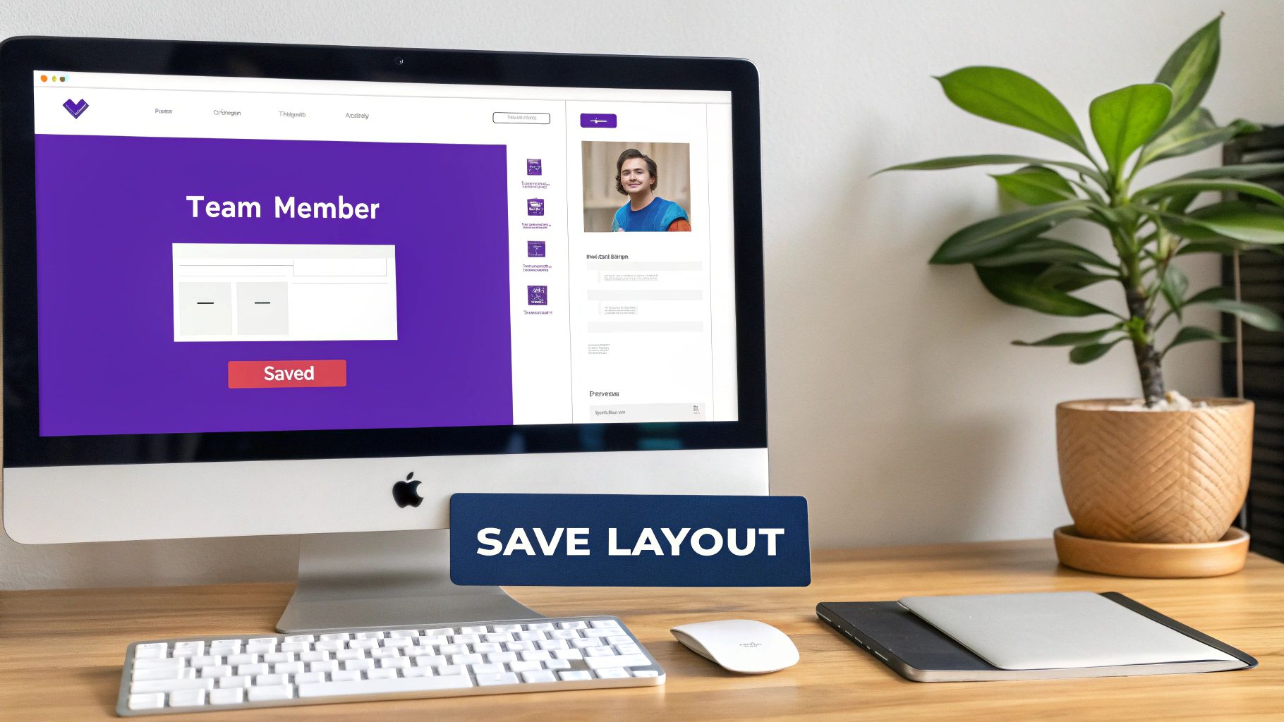 Desktop computer displaying Divi page layout builder with team member template and save layout button