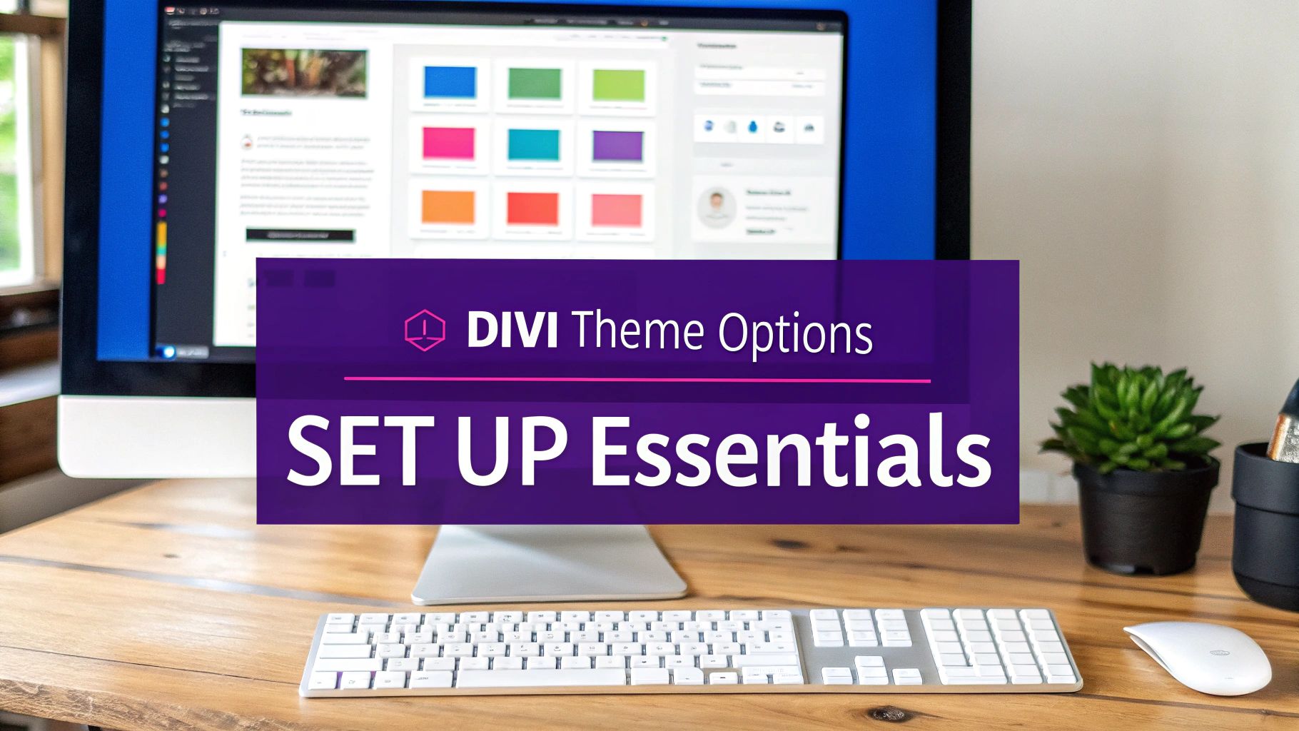A computer monitor displays 'DIVI Theme Options SET UP Essentials' on a purple banner, on a wooden desk.