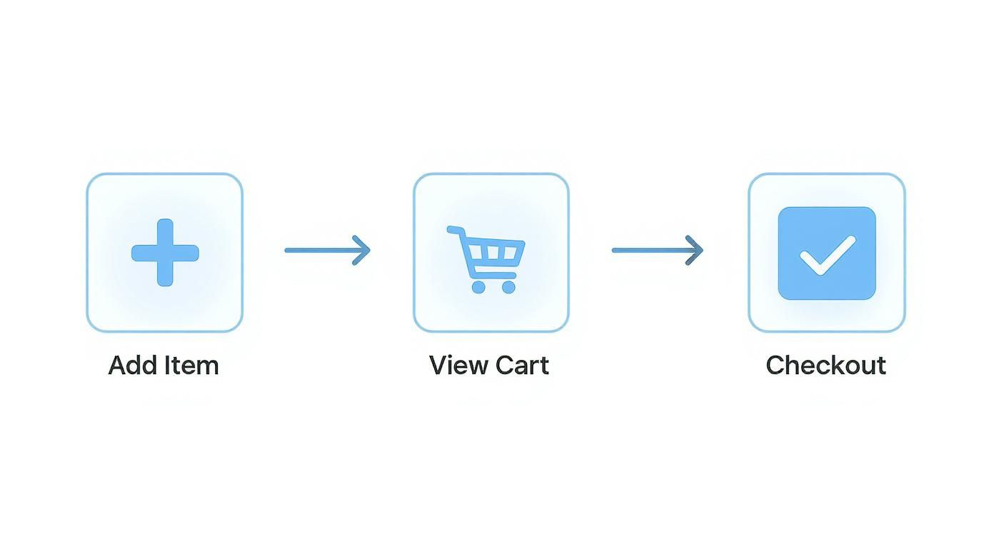Three-step shopping process showing add item to cart, view cart, and checkout with icons