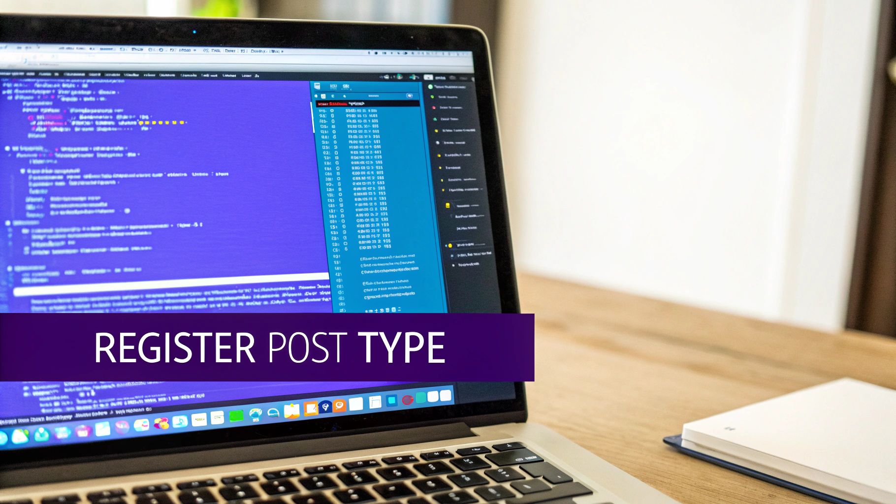 A laptop screen displays purple code with a 'REGISTER POST TYPE' banner, on a wooden desk with a notebook.