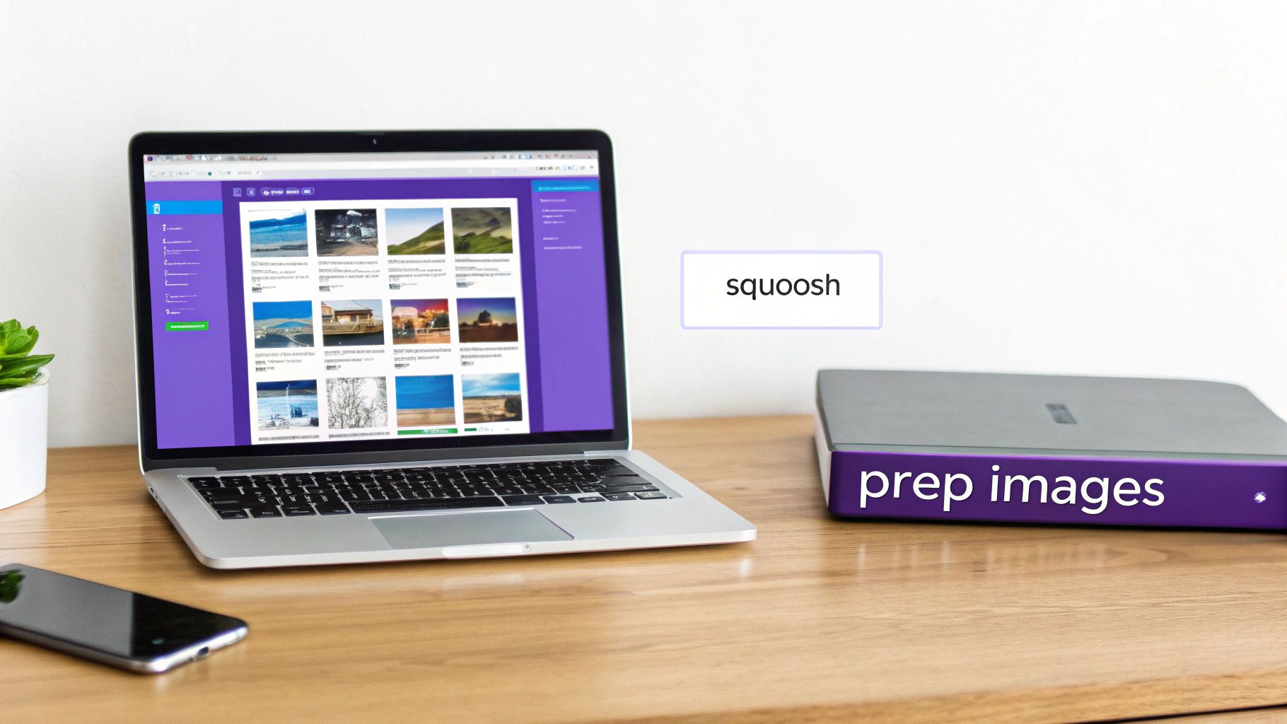 A laptop on a wooden desk displays image galleries, with a smartphone, a plant, and a 'prep images' box.