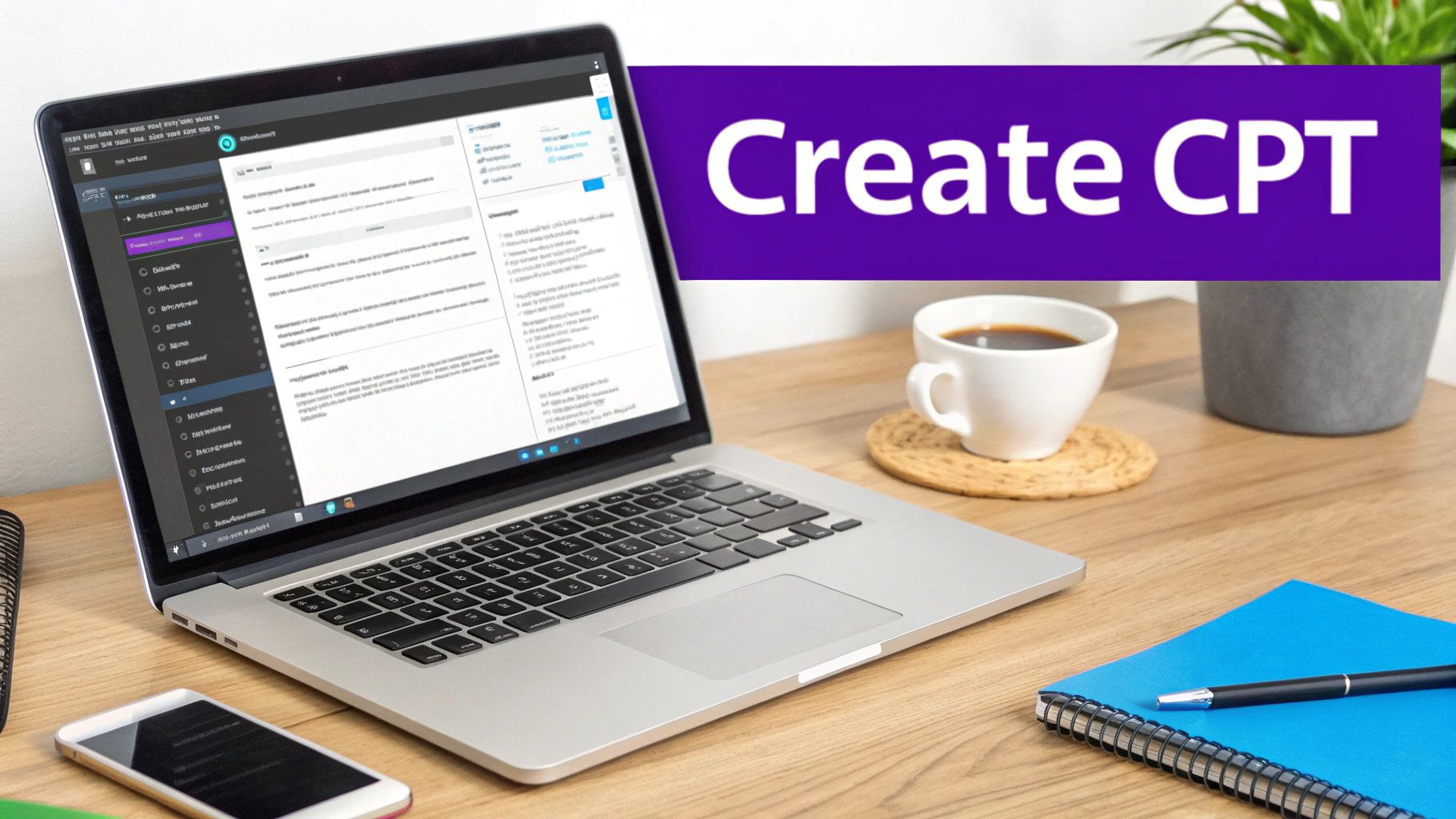 A laptop displays a custom post type creation screen, with 'Create CPT' text banner on a desk.