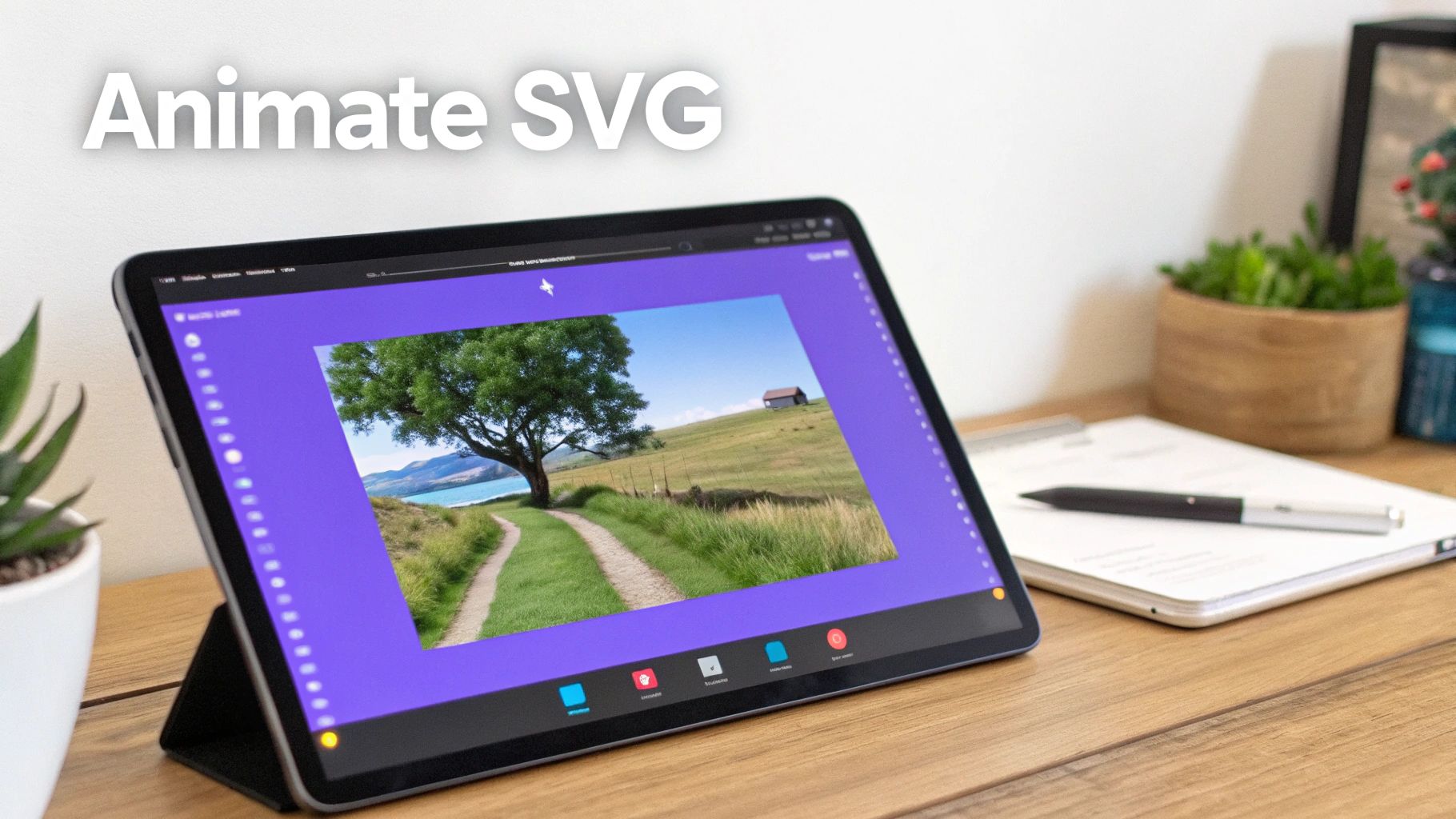 A tablet on a wooden desk displays a photo editing app showing a landscape image and 'Animate SVG' text.