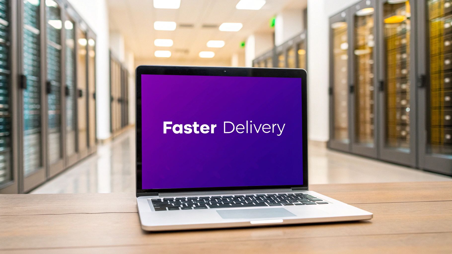 A laptop on a wooden desk with "Faster Delivery" on its purple screen, set in a data center.