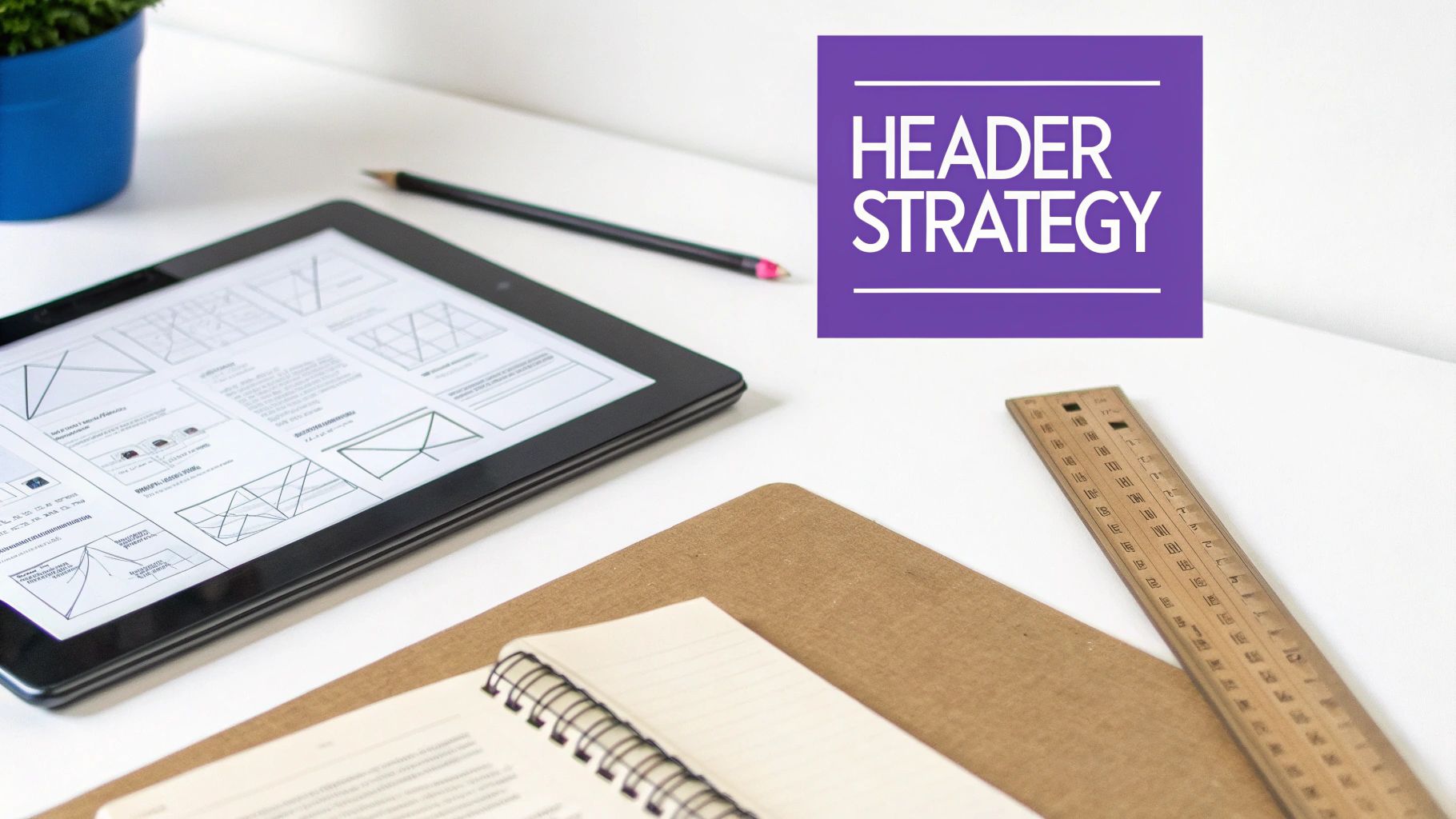 A clean white desk with a tablet showing design layouts, a notebook, and a purple box with 'HEADER STRATEGY' text.