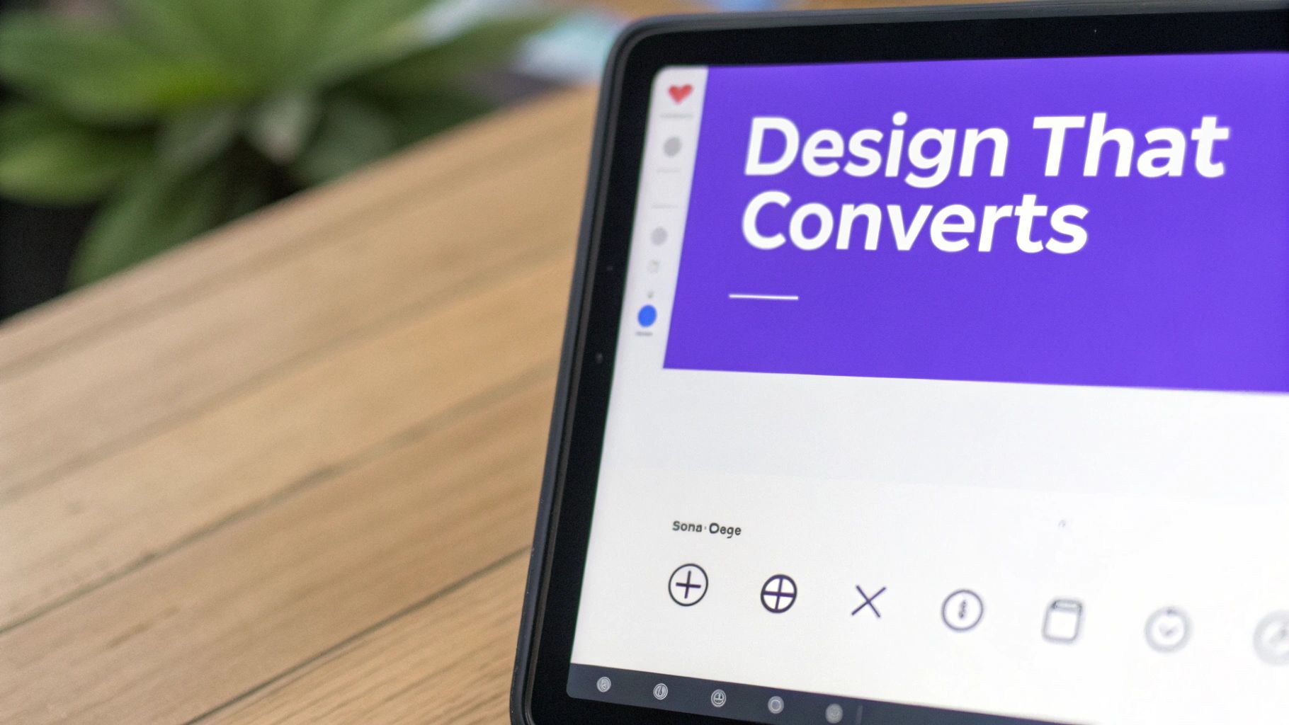 Digital tablet displaying a presentation slide titled 'Design That Converts' by Sona Oega.