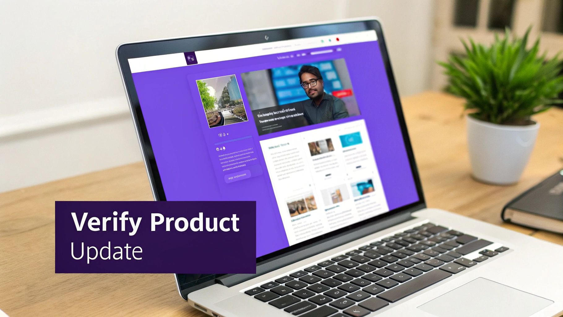 A laptop displaying a purple website with photos on a wooden desk, next to a plant and notebook.