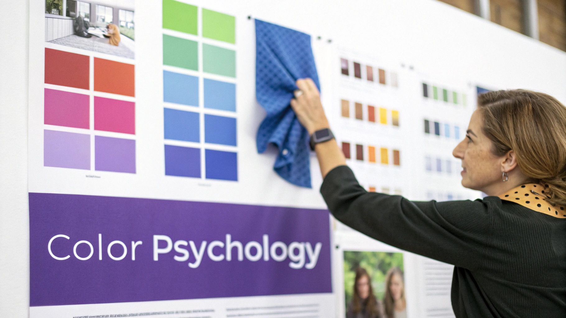 A woman holds a blue fabric swatch, comparing it to color palettes on a "Color Psychology" display board.
