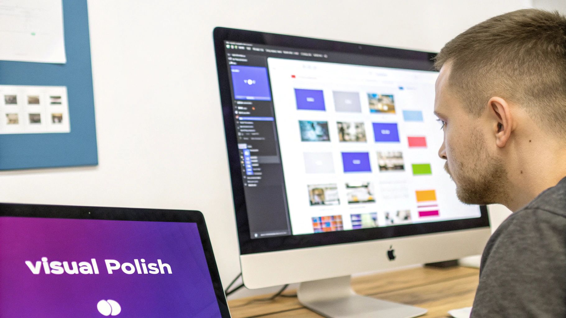 A man in a grey t-shirt works on an iMac computer displaying a grid of images.
