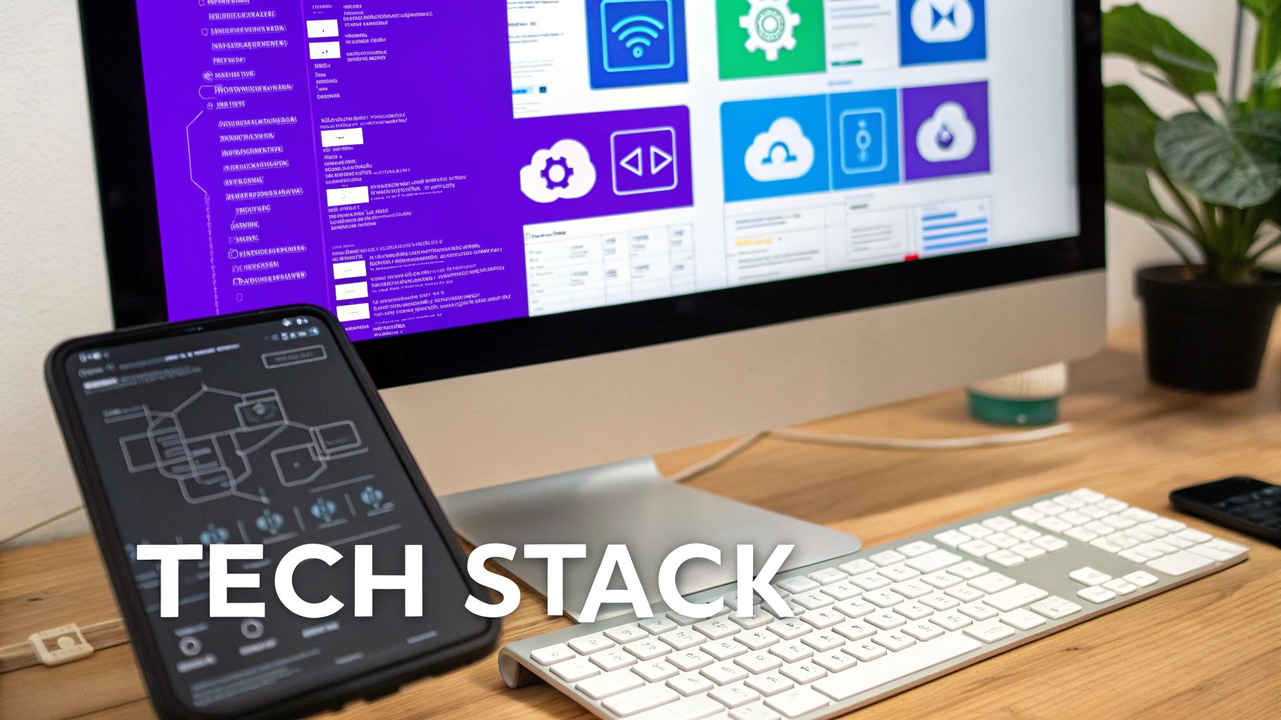 A desk with a computer monitor displaying an application, a smartphone with a diagram, and a keyboard, representing a tech stack.