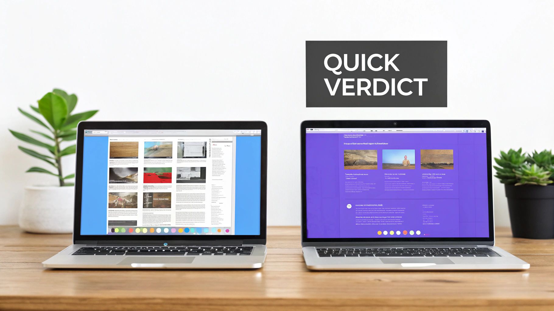 Two laptops on a wooden desk displaying website designs side-by-side with a 'Quick Verdict' sign.