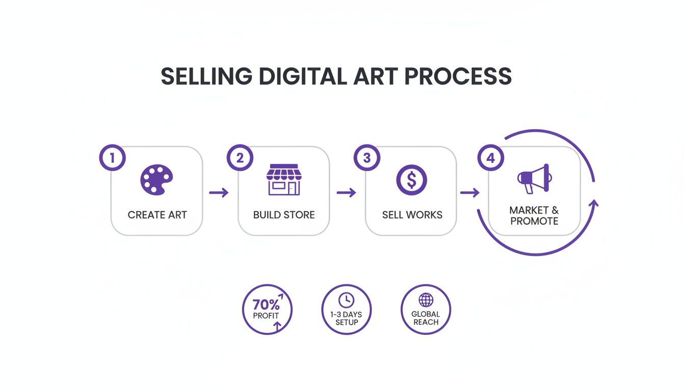 Infographic illustrating the four-step process for selling digital art and its key benefits.