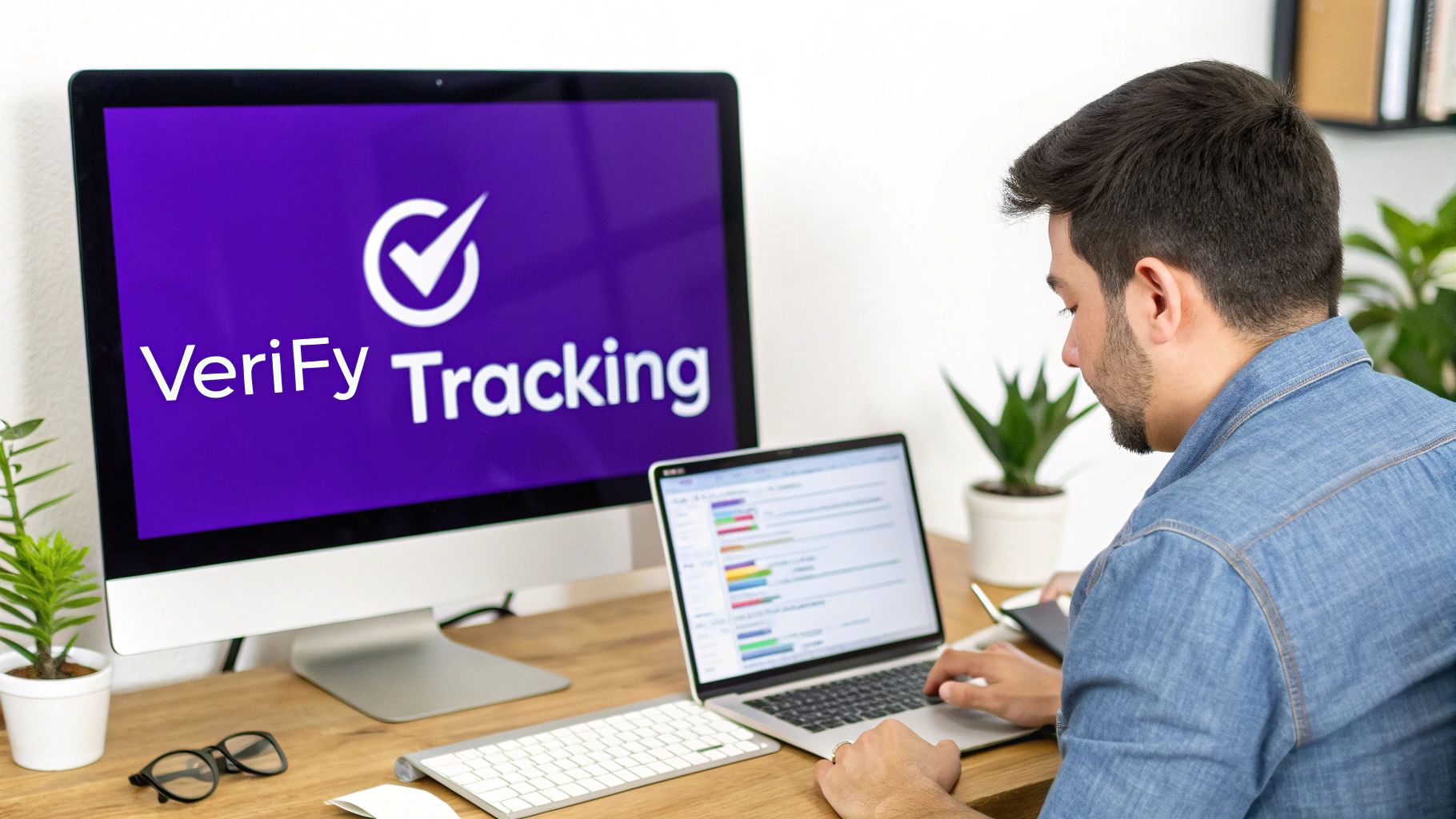 A magnifying glass hovering over code and analytics data, symbolizing debugging and validation.