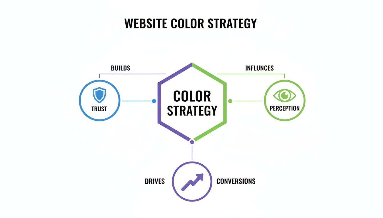 Diagram showing how website color strategy builds trust, influences perception, and drives conversions.