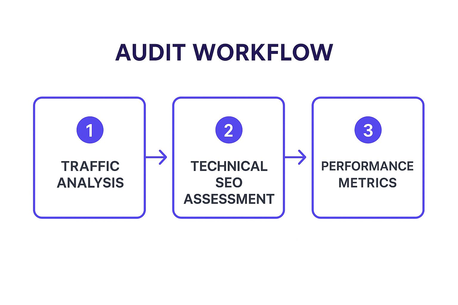 Infographic showing a three-step process flow for a website audit: 1. Traffic Analysis, 2. Technical SEO Assessment, and 3. Performance Metrics, connected by directional arrows.