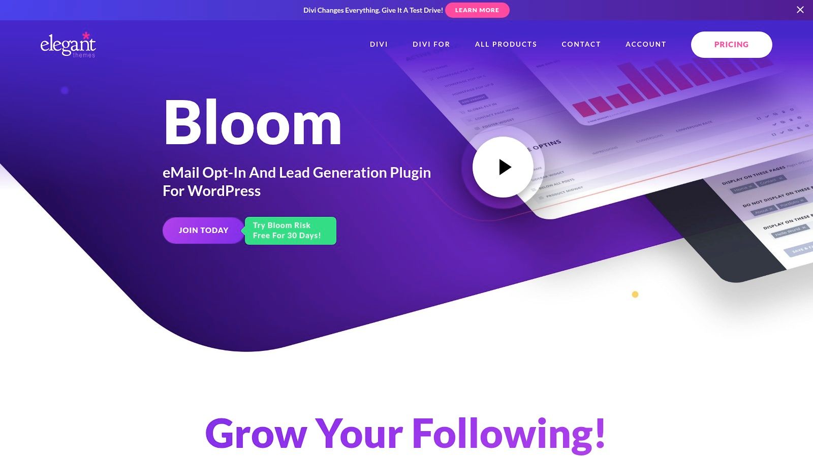 Bloom by Elegant Themes interface showcasing opt-in statistics