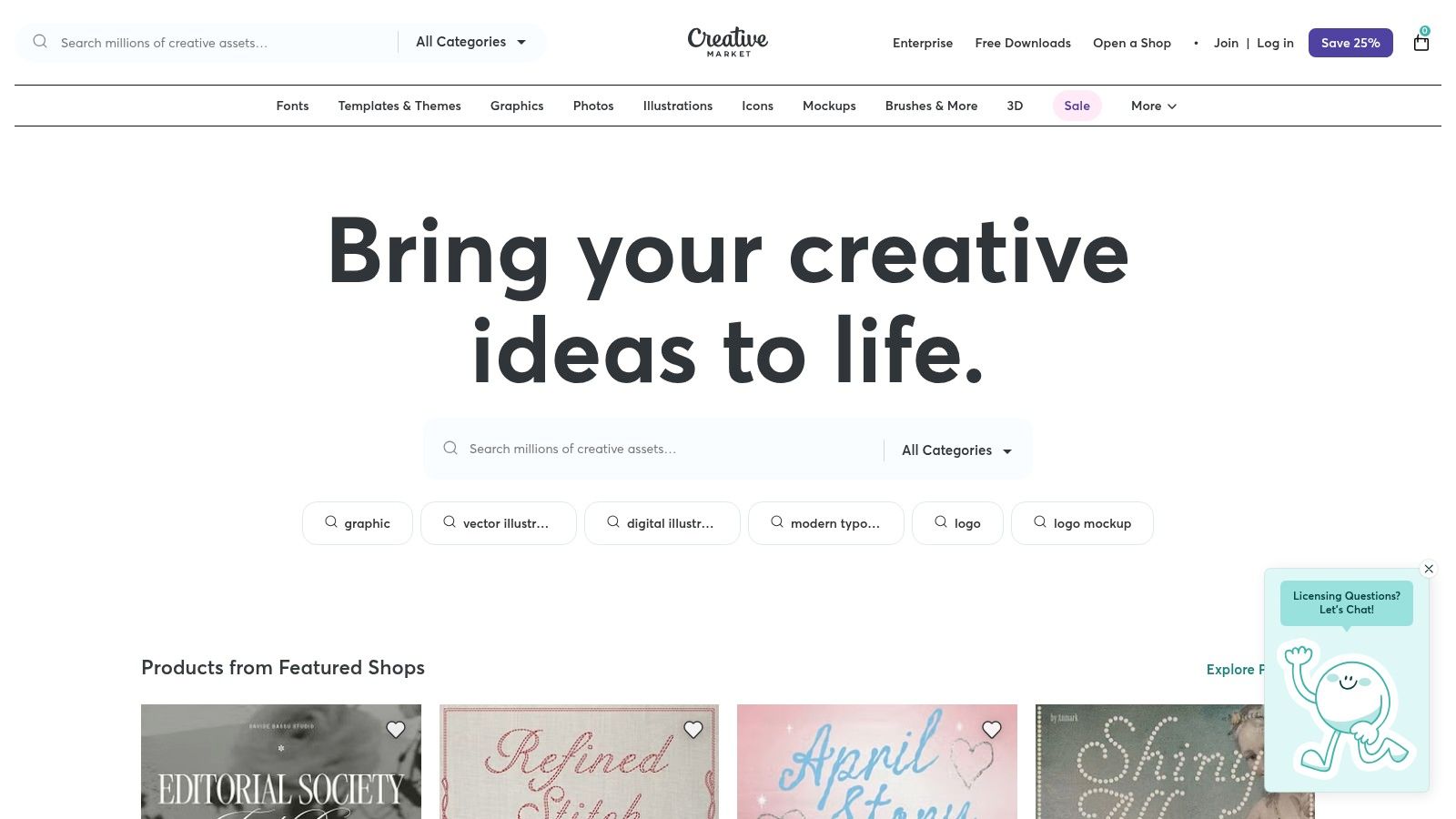 The homepage for Creative Market, showcasing a variety of design assets like fonts, graphics, and templates, highlighting its role as a marketplace for creators.