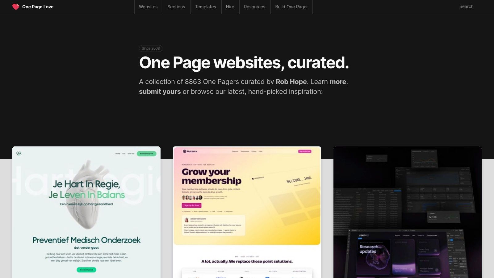 A gallery of 404 page examples on the One Page Love website, showcasing different design styles.