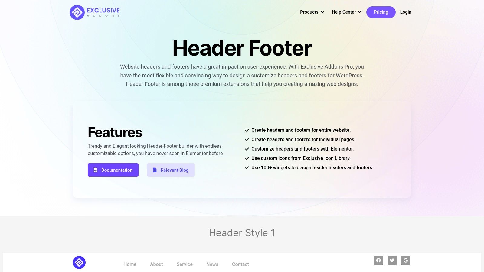 A demonstration of the Header Footer Builder for Elementor, showcasing its drag-and-drop interface and various design elements available for creating a custom website header.